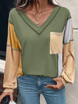 Jungle Green Exposed Stitching Colorblock V Neck Long Sleeve Top