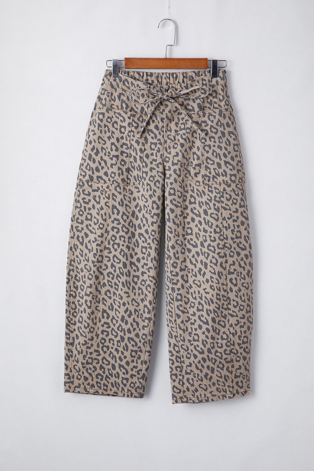 Khaki Leopard Printed Drawstring Elastic Waistband Pocketed Wide Leg Jeans - Image 3