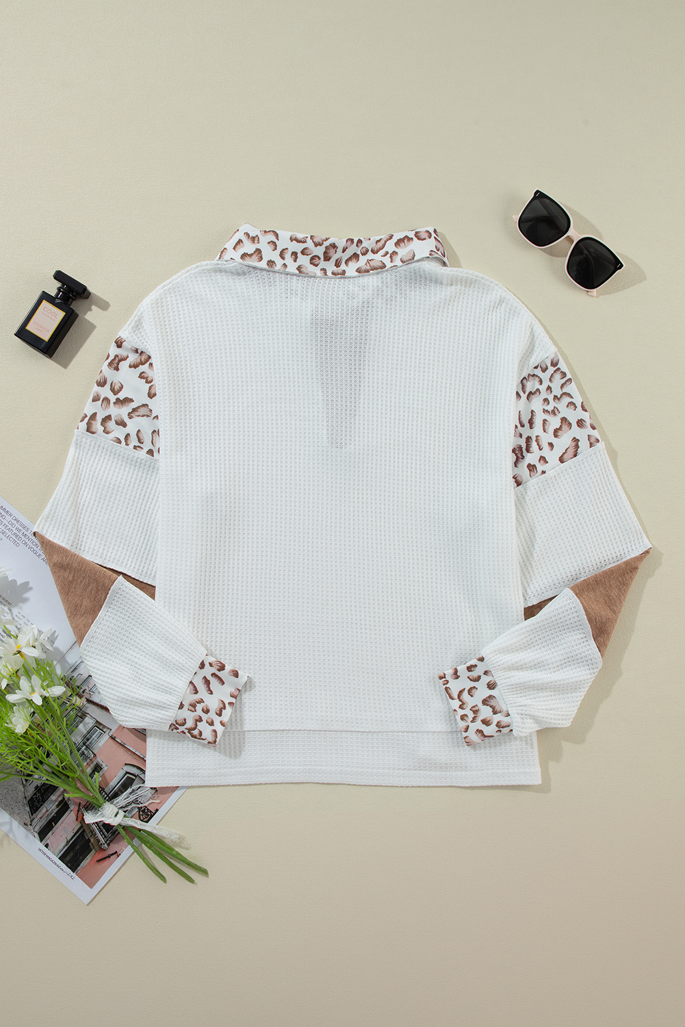 White game day Rugby Bow Embroidered Graphic Leopard Collar Color Block Patchwork Top - Image 7