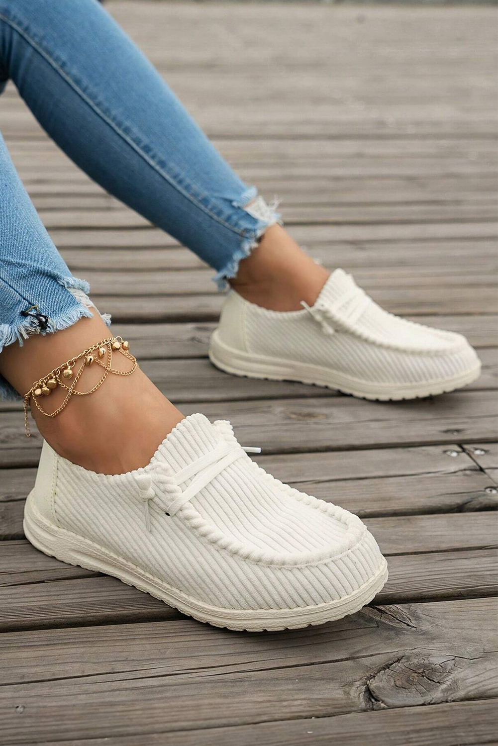 White Solid Ribbed Criss Cross Slip On Casual Shoes - Image 4