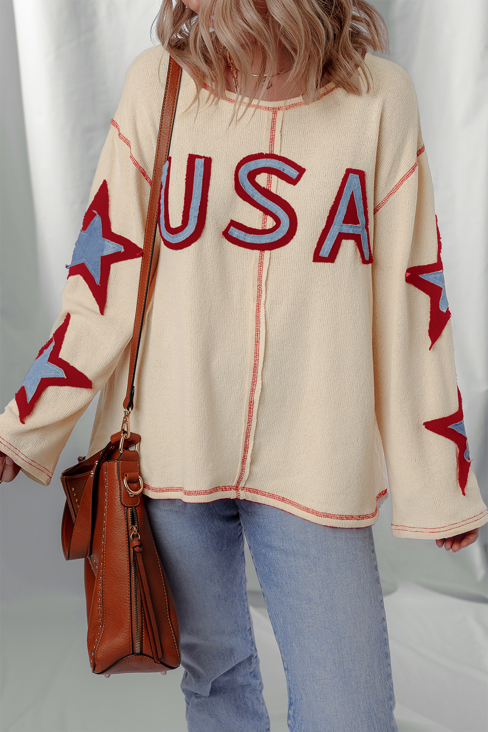 Beige USA Star Contrast Patchwork Exposed Seam Long Sleeve Top