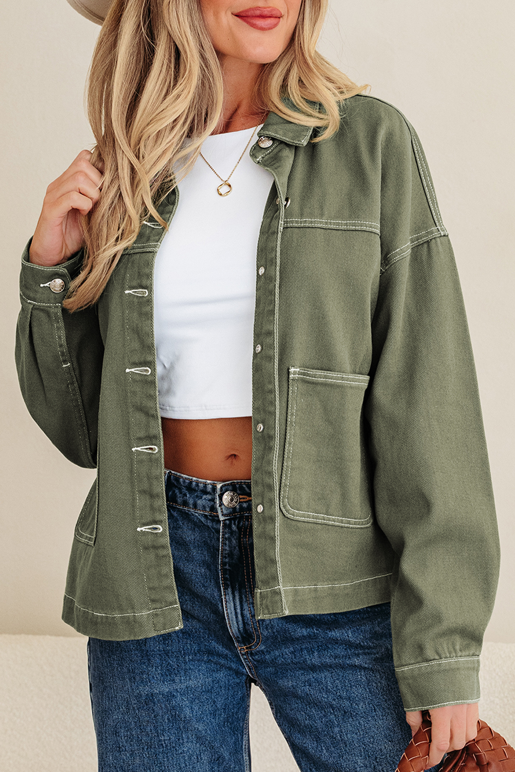 Smoke Green Patched Pocket Collared Button Front Boyfriend Denim Jacket - Image 5