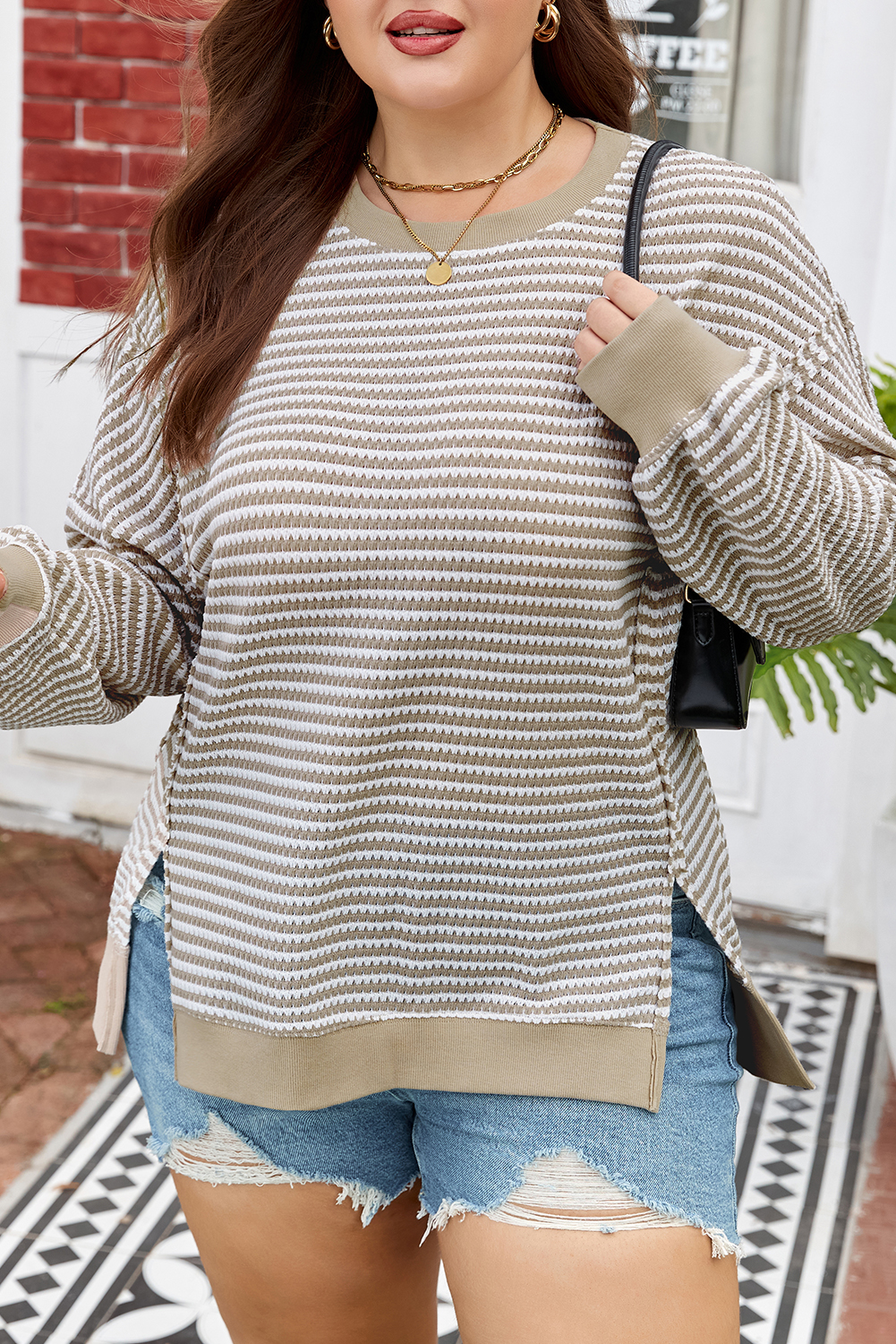 Brown Stripe Plus Size Breathable Knit Ribbed Trim Long Sleeve Top - Image 7