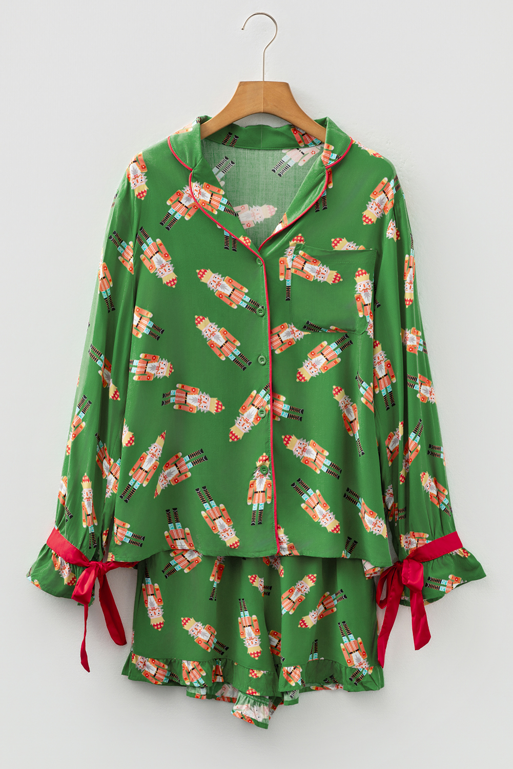 Green Christmas Candy Contrast Trim Bow Knot Silky 2pcs Pajama Set - Image 5