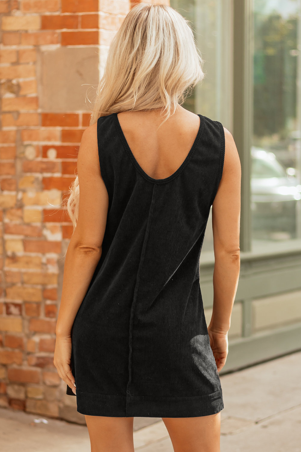 Black Corduroy Sleeveless Mini Dress With Patched Pockets - Image 2