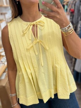 Yellow Cream Bow Tie Notched Neck Pleated Tank Top