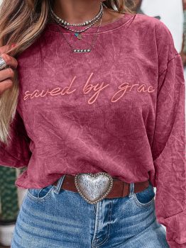 Mineral Red saved by grace Letter Embroidery Mineral Wash Loose Sweatshirt