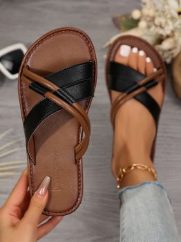 Black Criss Cross PU Leather Flat Slippers