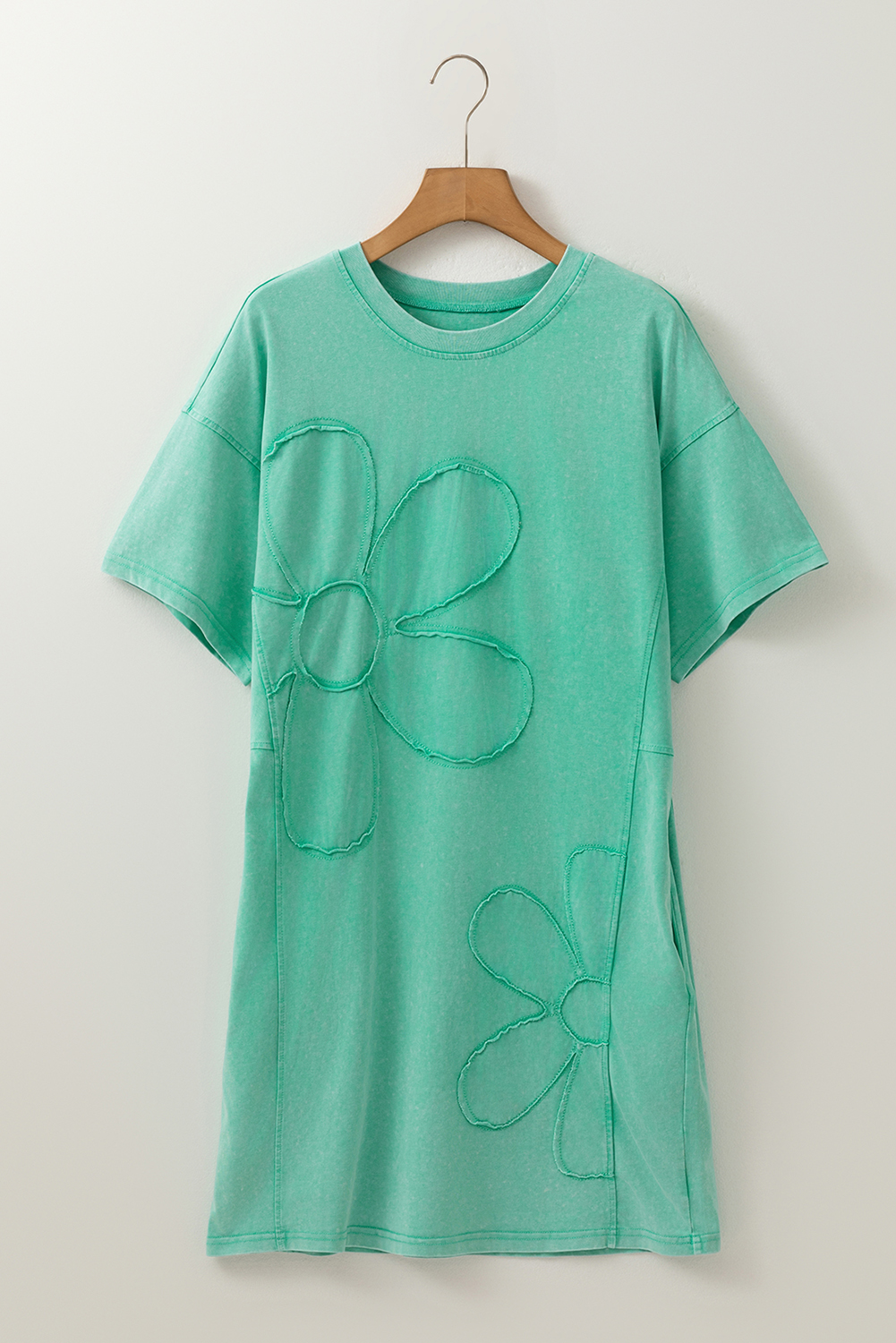 Mint Green Mineral Wash Flower Patchwork Mini T Shirt Dress - Image 3