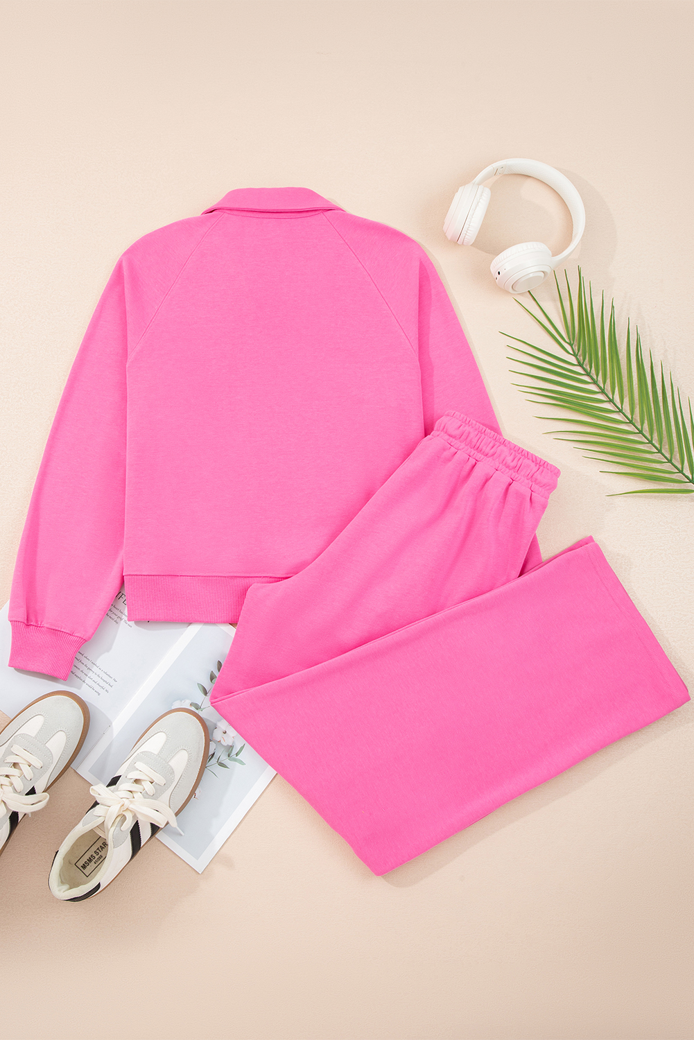 Sachet Pink Solid Color Collared Pullover and Central Seam Pants Set - Image 7