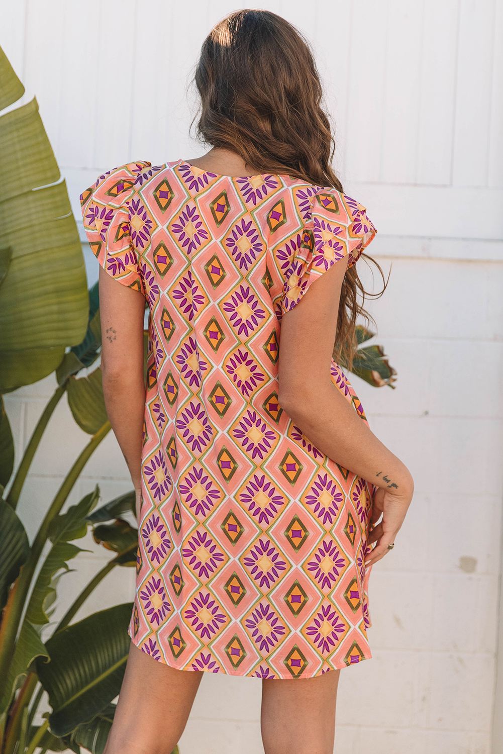 Orange Geometric Floral V Neck Buttoned Ruffled Sleeve Mini Dress - Image 2