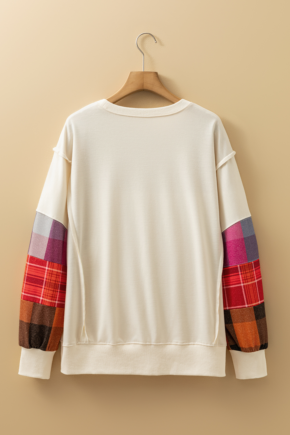 Beige Contrast Plaid Long Sleeve Exposed Seam Patchwork Top - Image 7