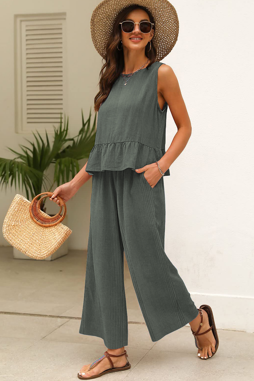 Duffel Green Solid Color Ribbed Ruffle Tank Top and Pants Set - Image 3