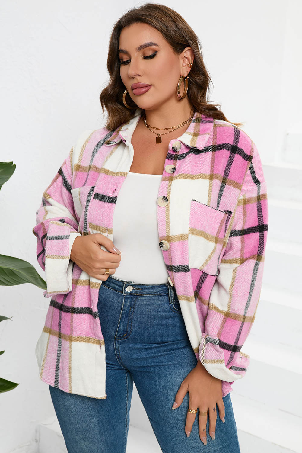 Pink Plaid Color Block Buttoned Long Sleeve Jacket with Pocket - Image 5