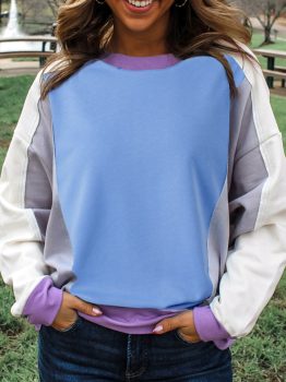 Blue Exposed Seam Colorblock Patchwork Ribbed Trim Pullover Sweatshirt