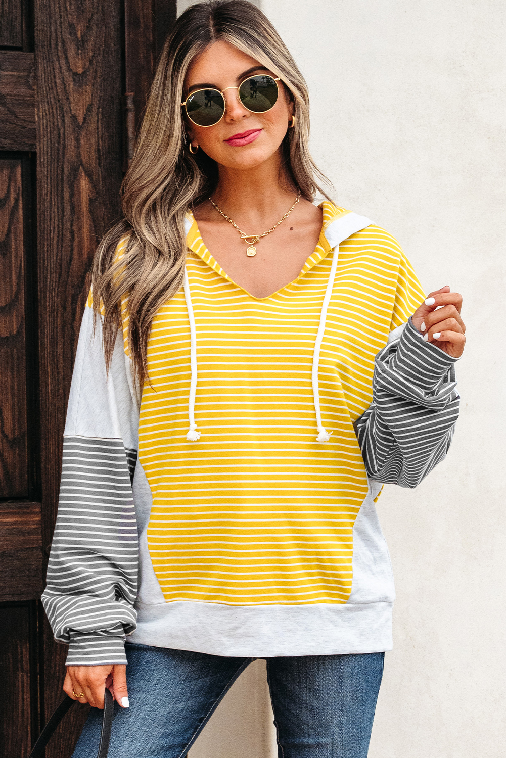 Yellow Stripe Color Block Drawstring V Neck Loose Fit Hooded Top - Image 4