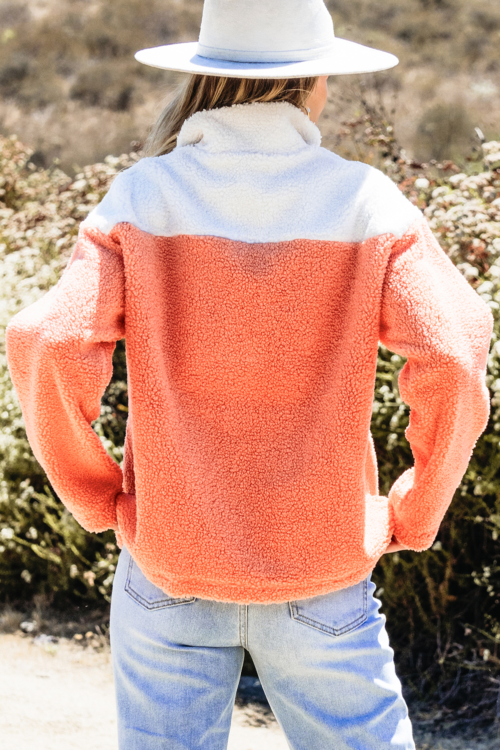 Orange Colorblock Half Zipper Stand Neck Sherpa Sweatshirt - Image 2