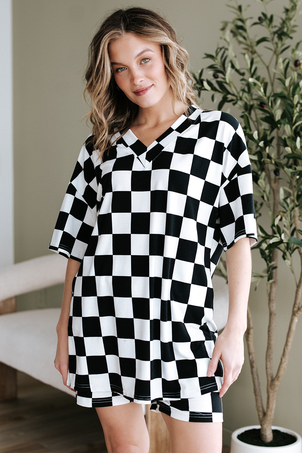Black Checkerboard Print V Neck Loose Tee and Shorts Lounge Set - Image 6