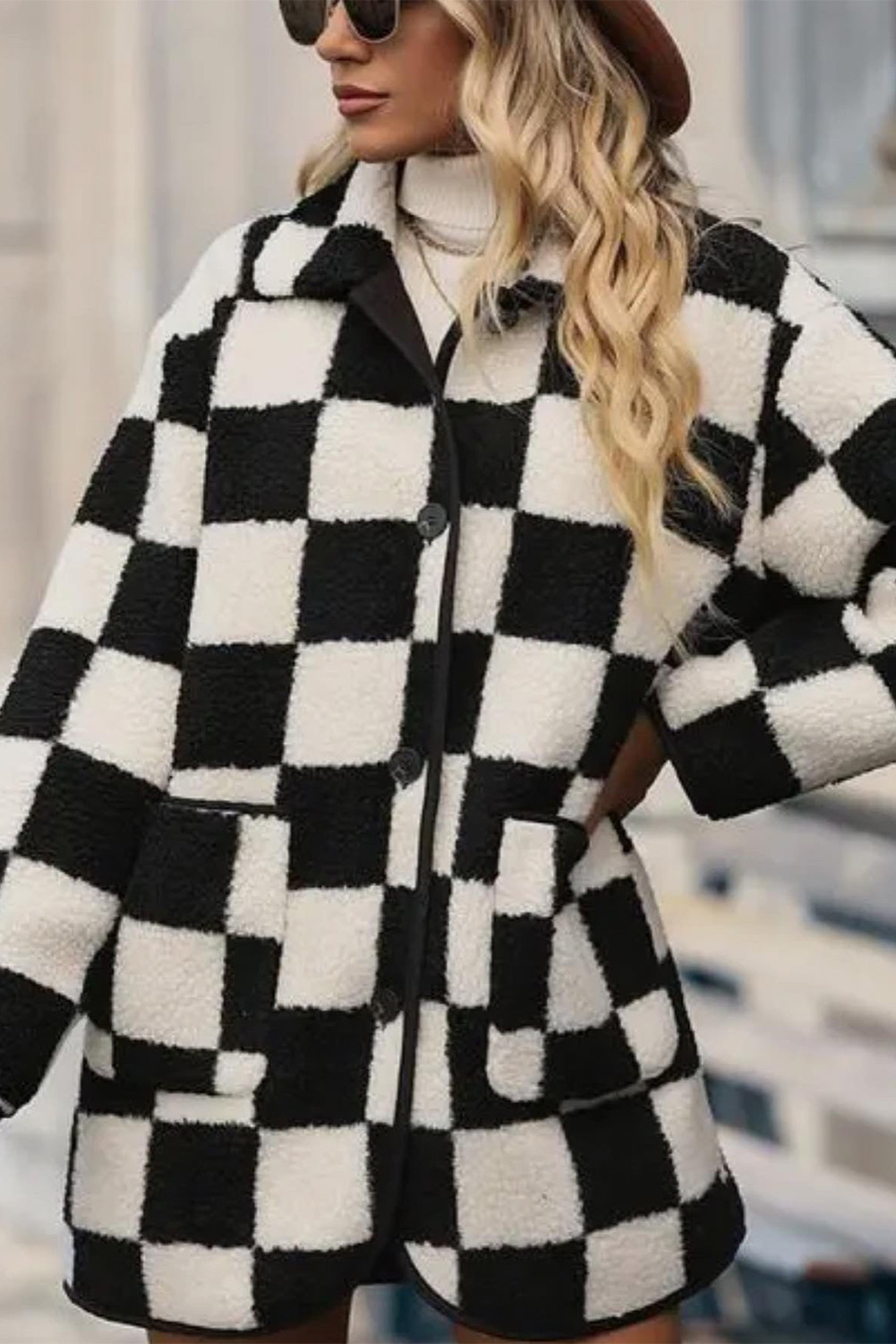 Black Checkered Side Pockets Collared Buttoned Fleece Jacket - Image 8