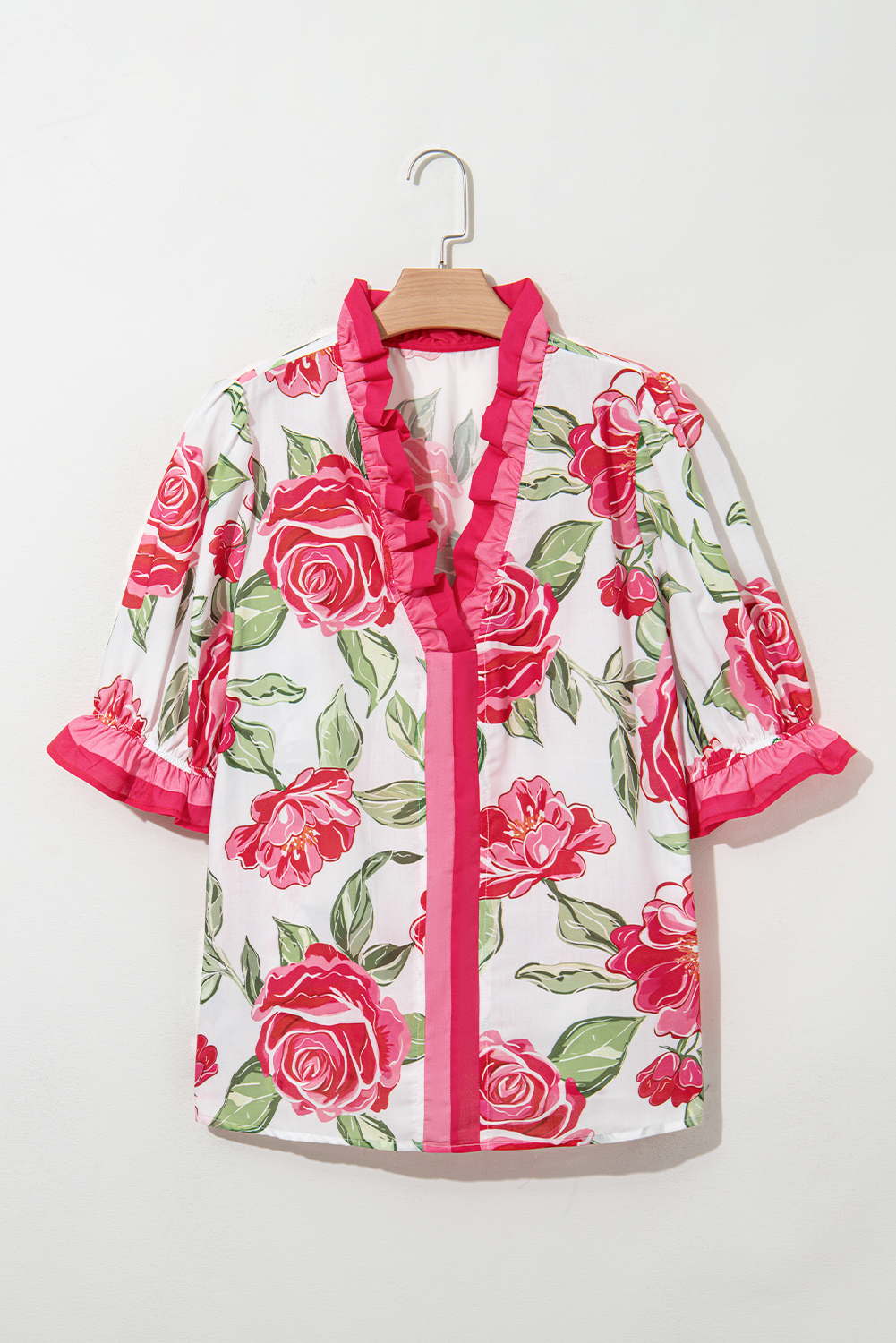 Rose Plus Size Floral Print Frilled Stripes Detail Short Sleeve Blouse - Image 8