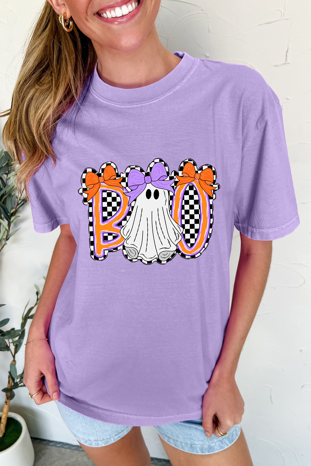 Wisteria Boo Checkered Bow Ghost Halloween Graphic Tee - Image 4