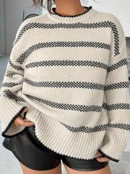 Apricot Stripe Wide Sleeve Drop Shoulder Crew Neck Plus Sweater
