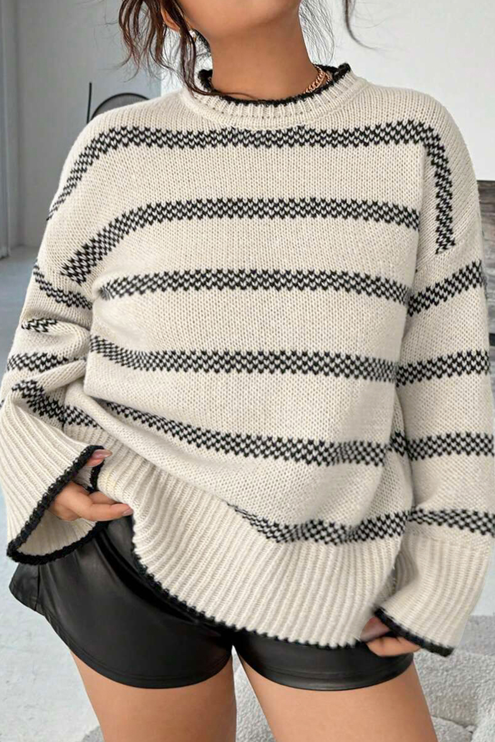 Apricot Stripe Wide Sleeve Drop Shoulder Crew Neck Plus Sweater