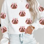 White Sequin Bow Pumpkin Patched Cotton Baggy Sweatshirt