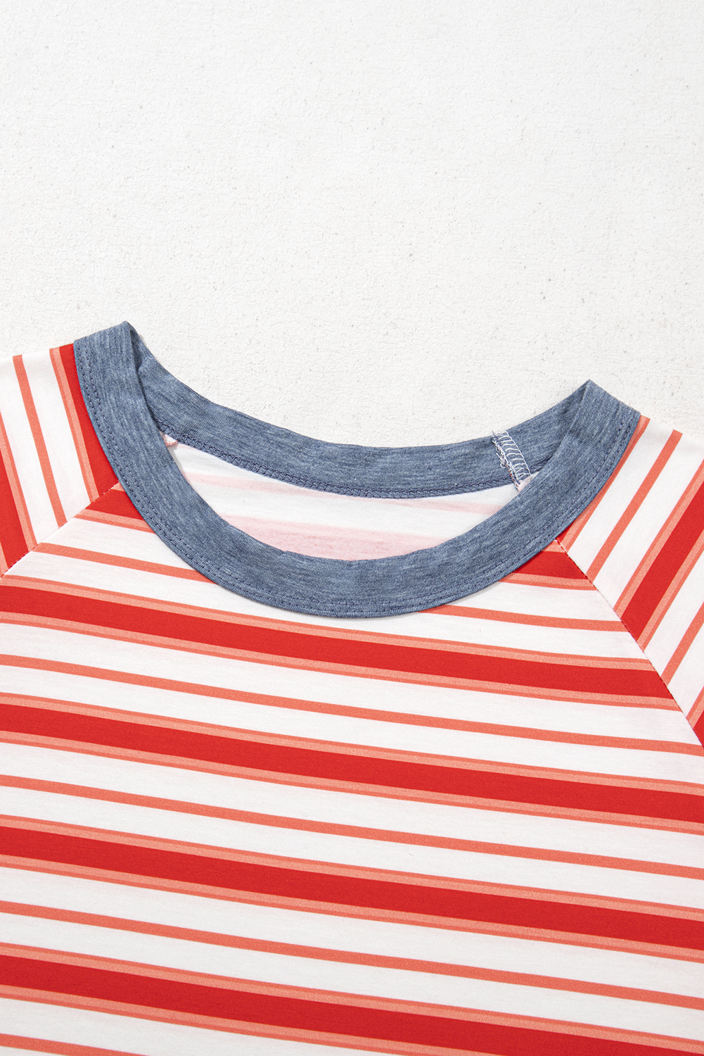 Tomato Red Stripe Print Contrast Collar Raglan Sleeve T Shirt - Image 7