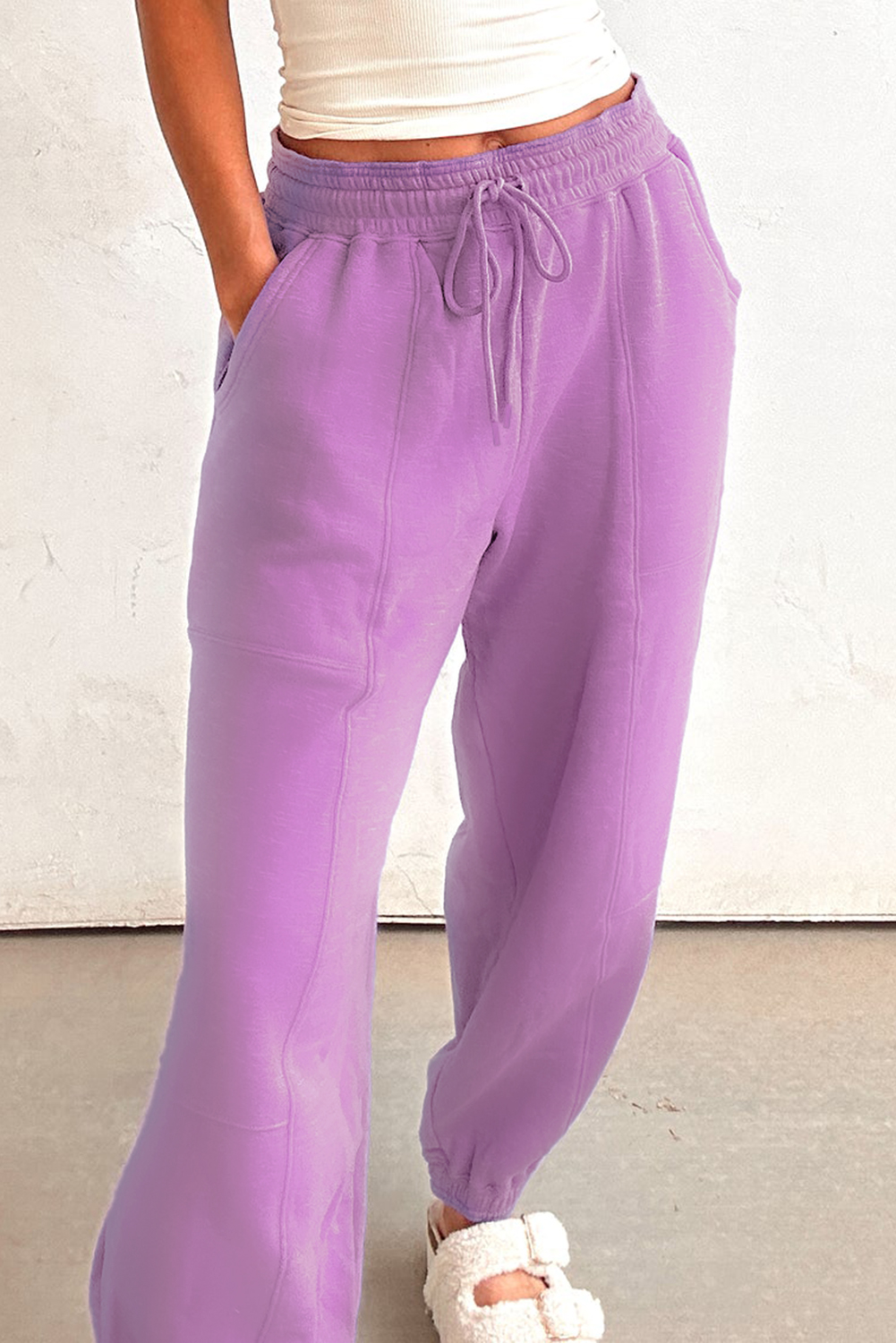 Lilac Drawstring Elastic Waistband Solid Color Jogger Pants - Image 3