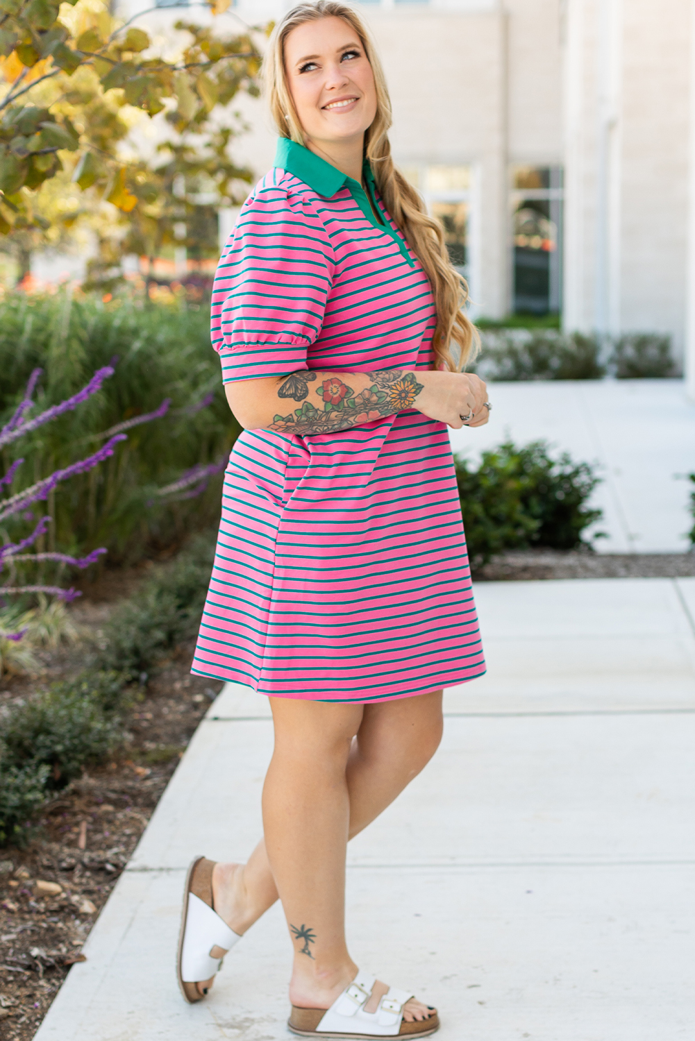 Rose Stripe Collared V Neck Puff Sleeve Shift T Shirt Dress with Pockets - Image 6