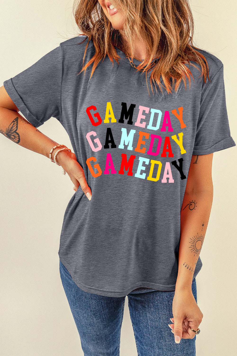 Gray Colorful GAME DAY Graphic Crew T Shirt - Image 6