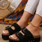 Black Suede Buckle Decor Footbed Sandal Slippers