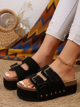 Black Suede Buckle Decor Footbed Sandal Slippers