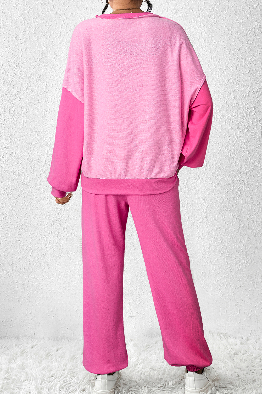 Bonbon Contrast Patchwork Pullover and Drawstring Joggers Set - Image 2