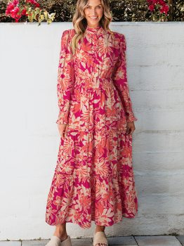 Rose Floral Print Buttoned Smocked High Waist Maxi Dress