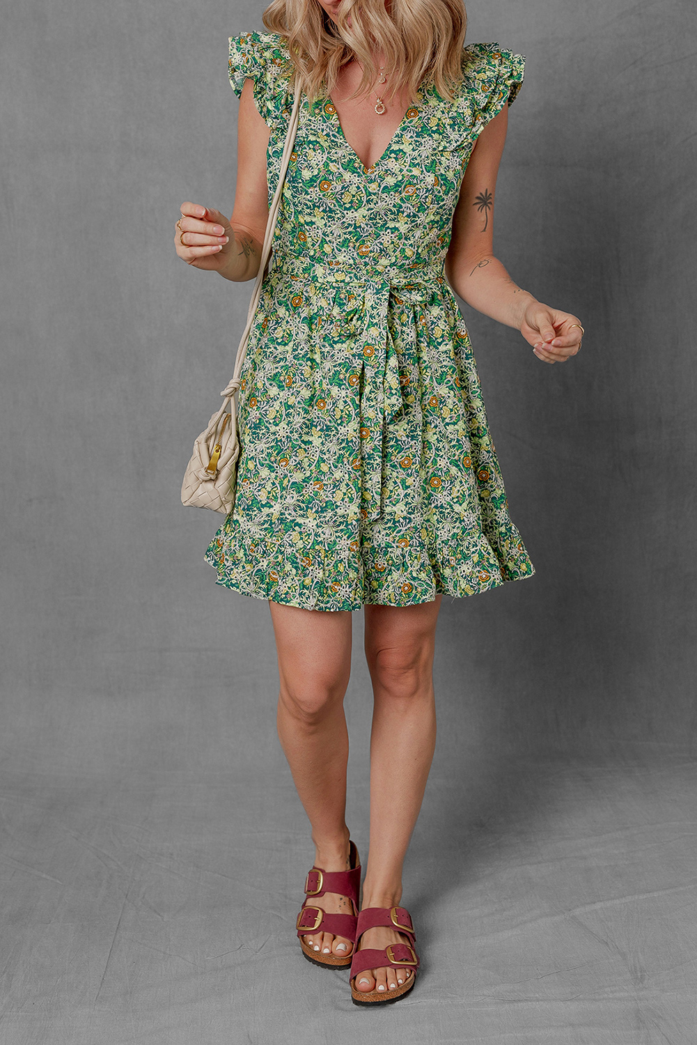 Green Flower Print Flutter Sleeve V Neck Sashed Ruffled Mini Dress - Image 5