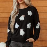 Black Sequin Cute Bow Ghost Graphic Crew Neck Halloween Sweatshirt
