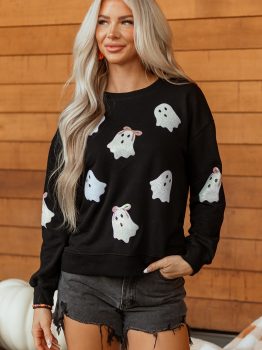 Black Sequin Cute Bow Ghost Graphic Crew Neck Halloween Sweatshirt