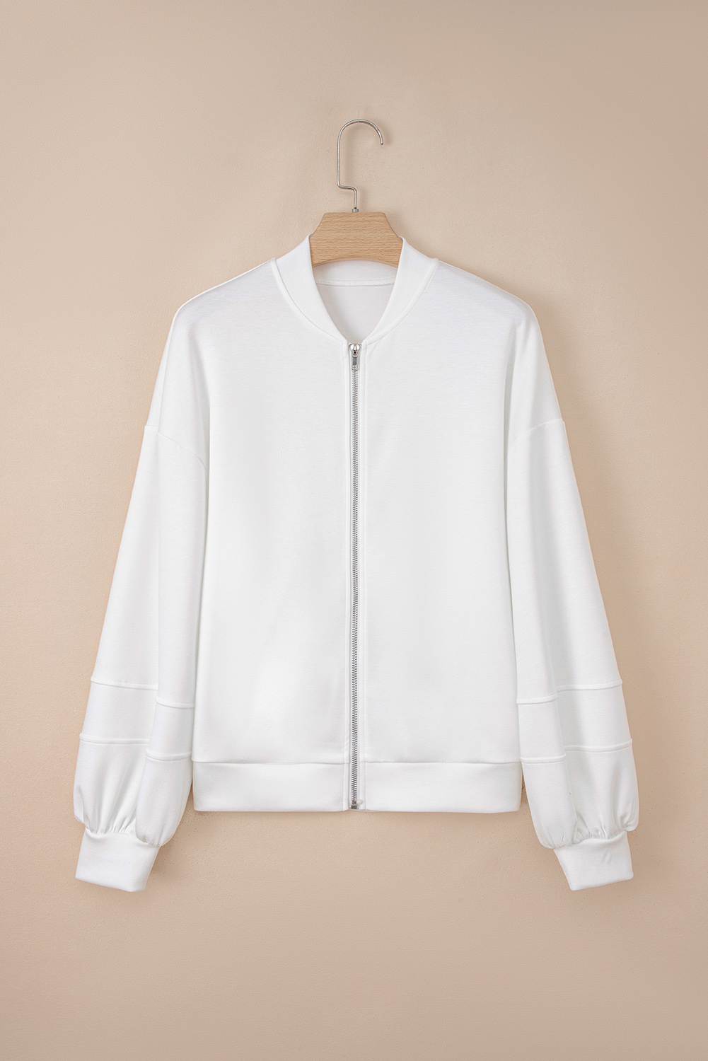 White Solid Color Zip Up Knit Puff Sleeve Jacket - Image 2