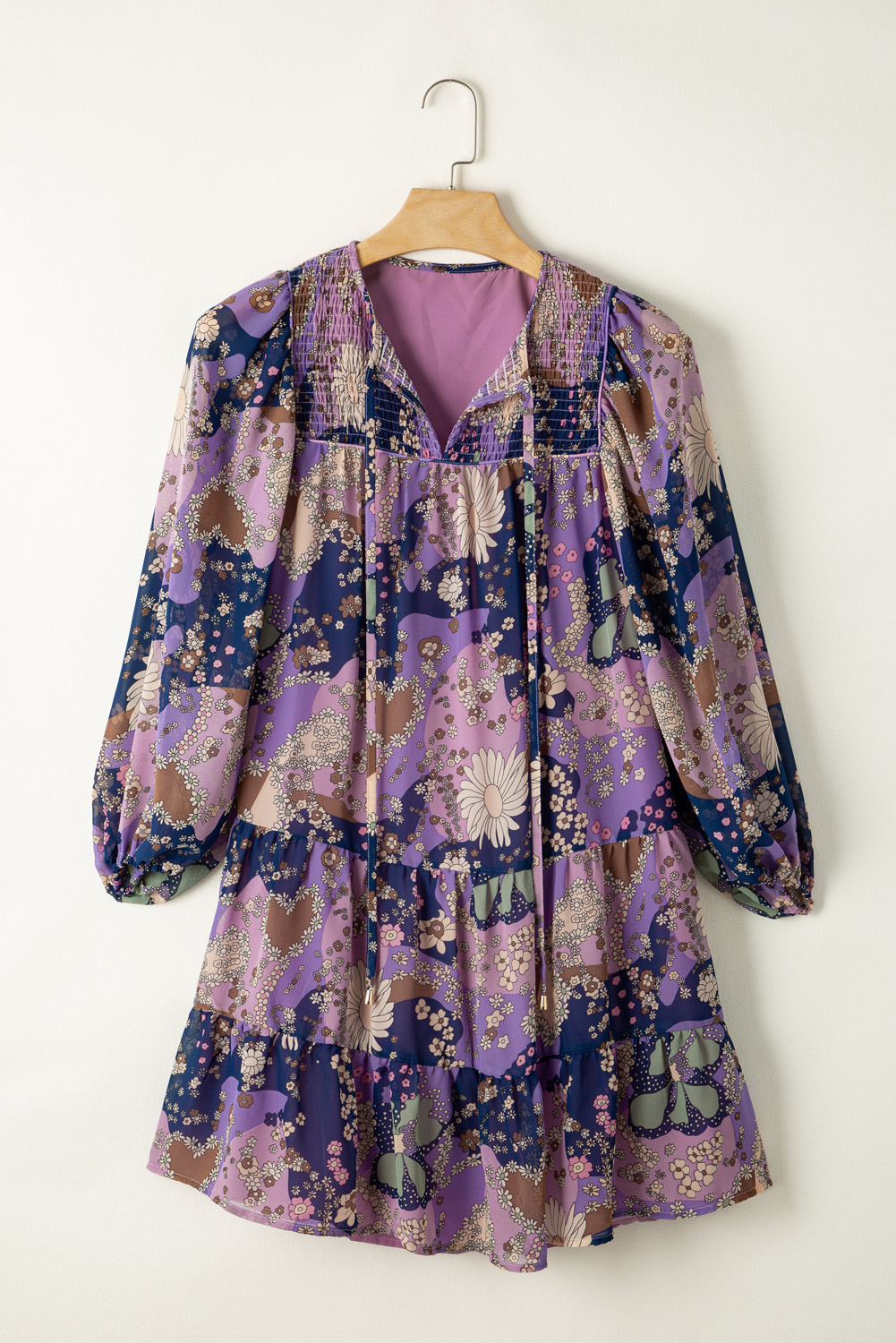 Purple Vintage Daisy Floral Puff Sleeve Ruffle Short Dress - Image 5