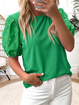 Bright Green Ribbed Pearl Beaded Puff Sleeve Top