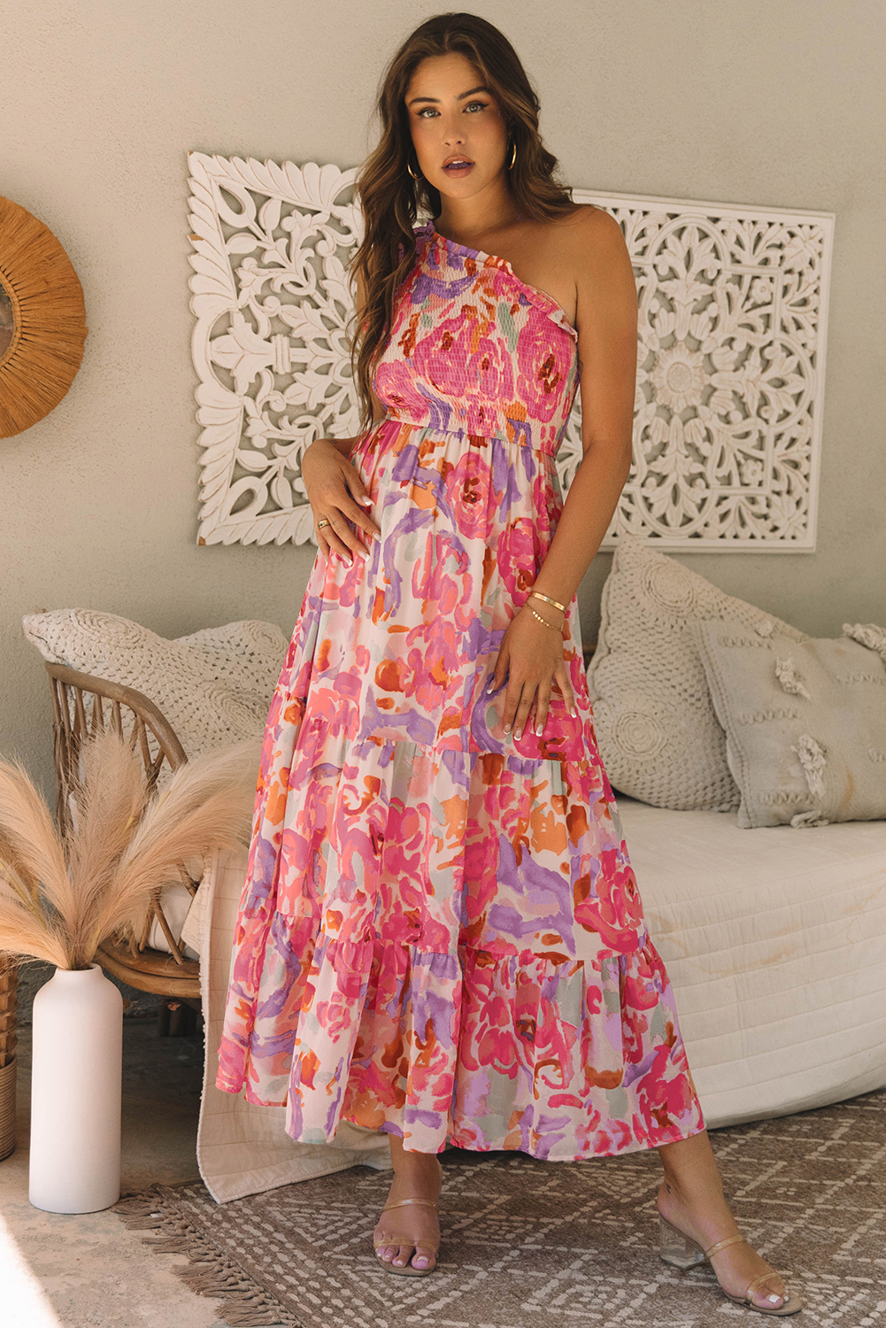 Pink Abstract Floral Print Shirred One Shoulder Maxi Dress - Image 6