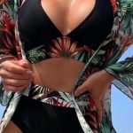 Black 3pcs Tropical Contrast Trim Halter Bikini Set with Cover up