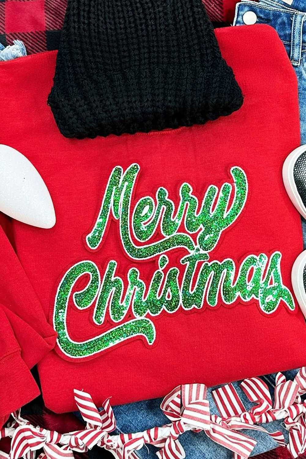 Red Merry Christmas Crewneck Drop Shoulder Loose Sweatshirt - Image 6