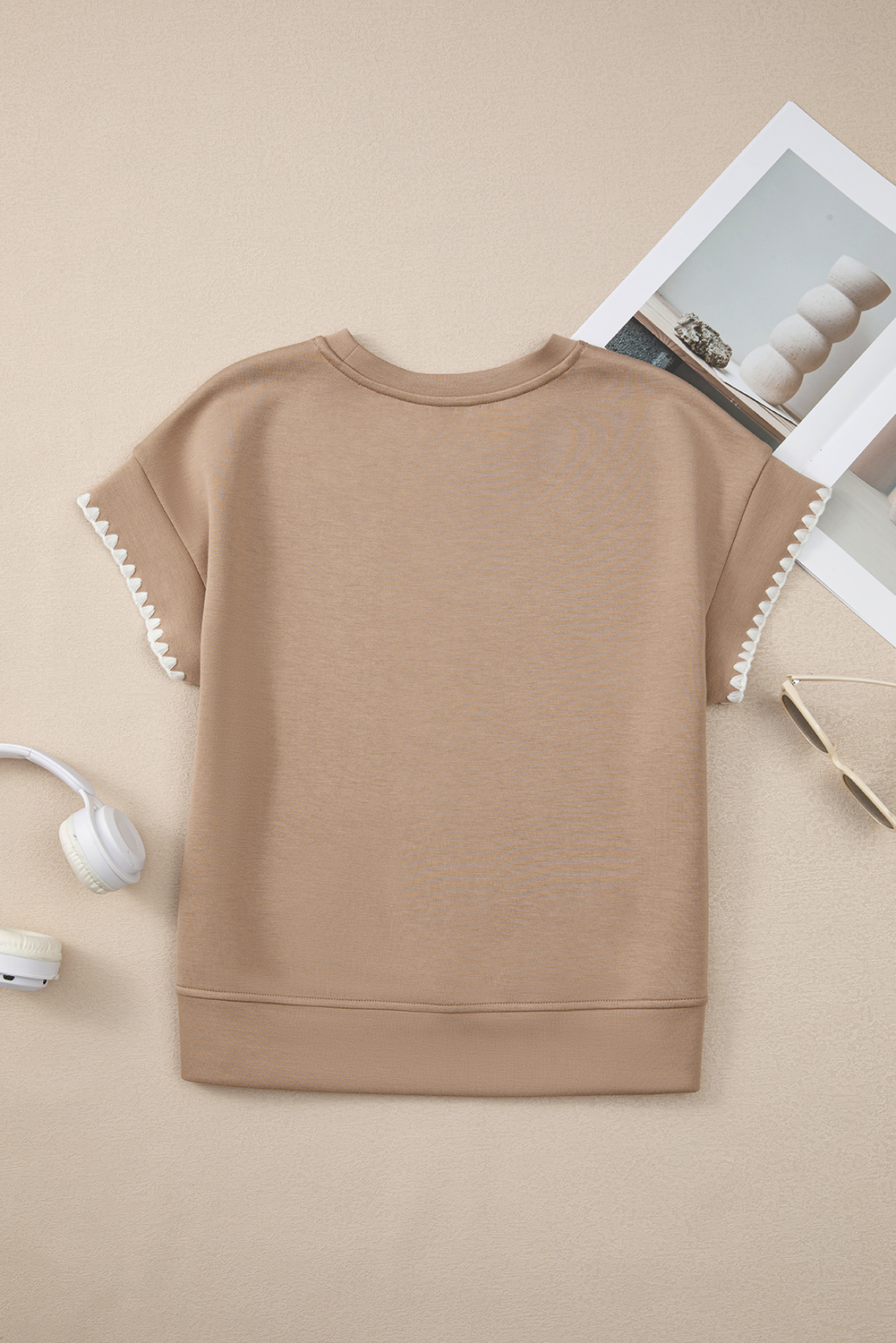 Straw Yellow Ric Rac Color Contrast Ribbed Edge Crewneck T Shirt - Image 4