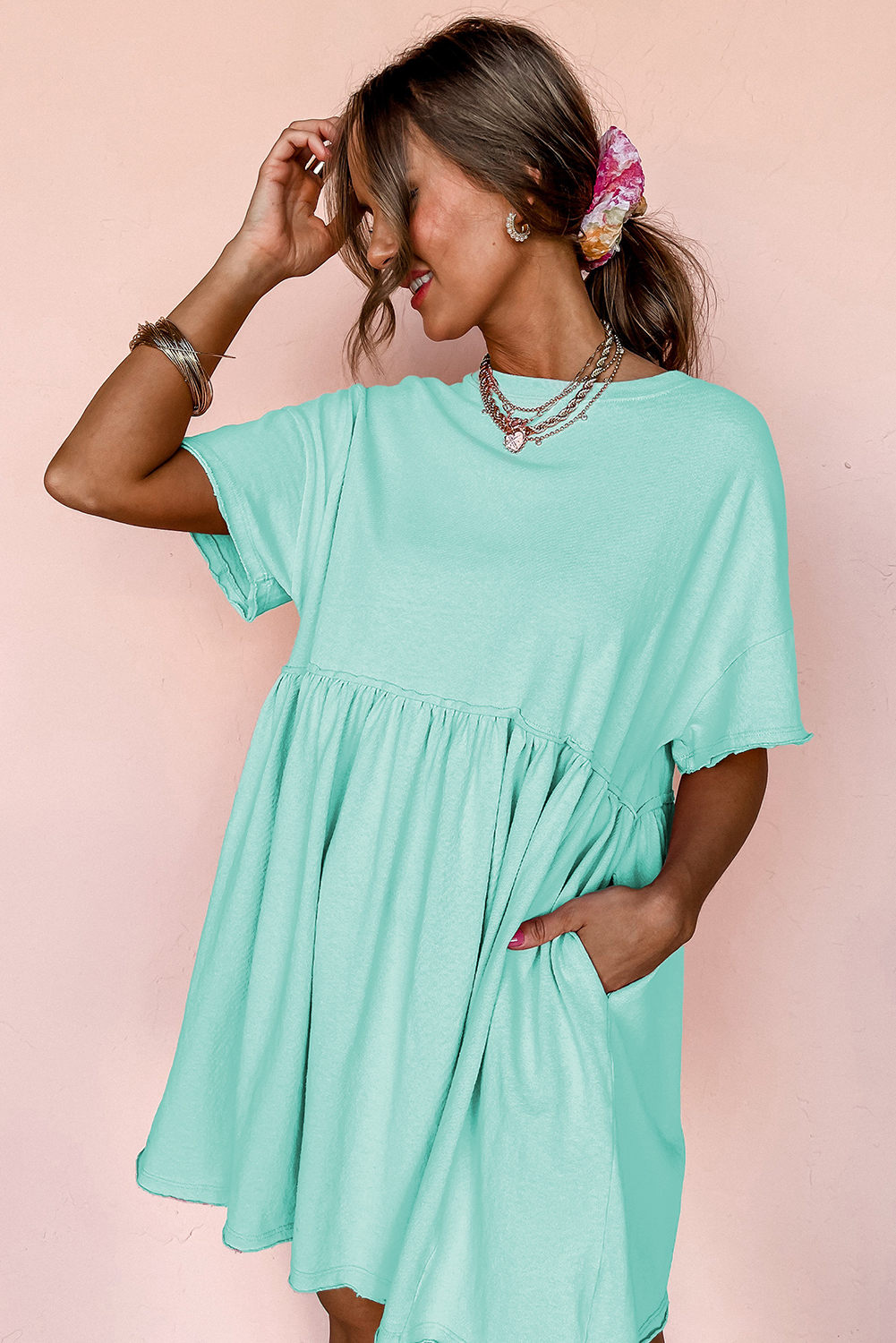 Moonlight Jade Solid Color Pocketed Raw Edge Babydoll Dress - Image 6