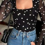 Black Heart Shape Mesh Patchwork Square Neck Bodysuit