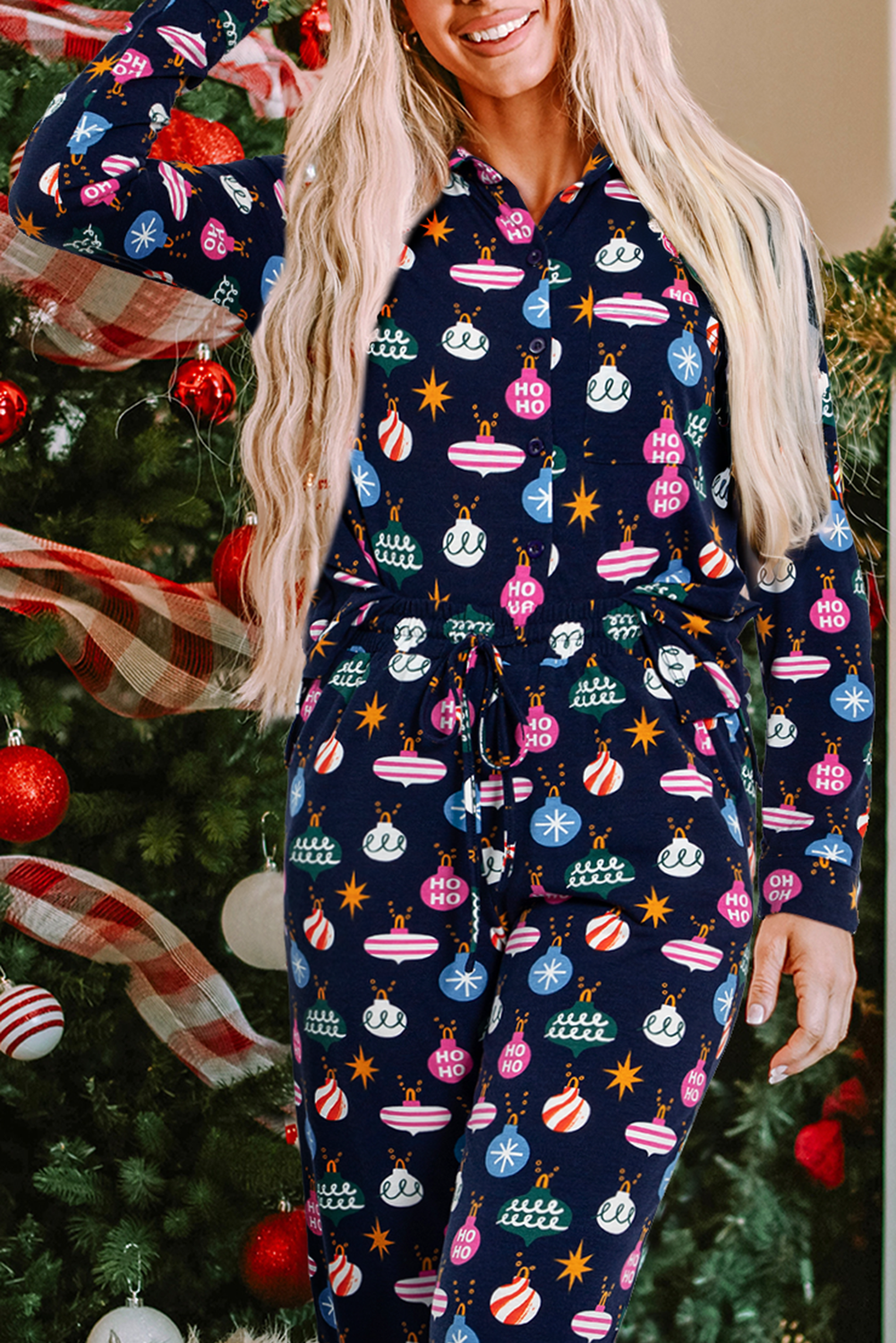 Navy Blue Colorful Christmas Lights Print Shirt and Pants Pajama Set - Image 7