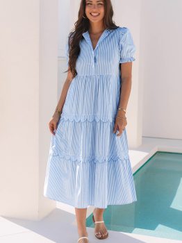 Sky Blue Stripe Bubble Short Sleeve Tiered Scallop Long Dress